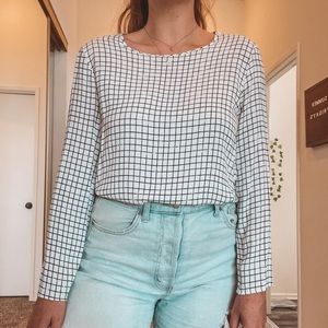 Zara White/Black Windowpane Blouse Size L